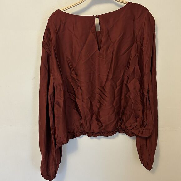 Anthropologie Ruched Peasant‎ Blouse Rust Red M Silky Work Office Professional - Picture 7 of 9
